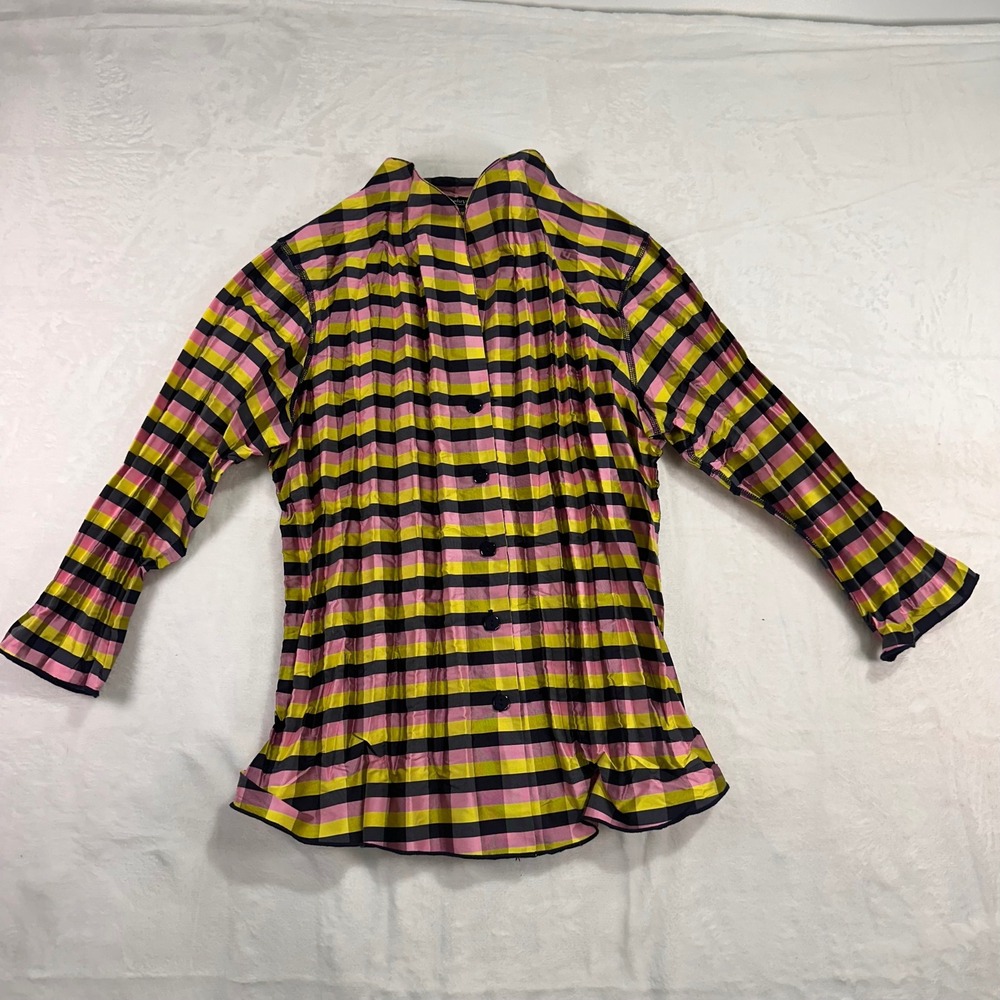 Beluya Button Up Blouse Small‎ Pink Yellow Striped Pleated Mock Neck Womens